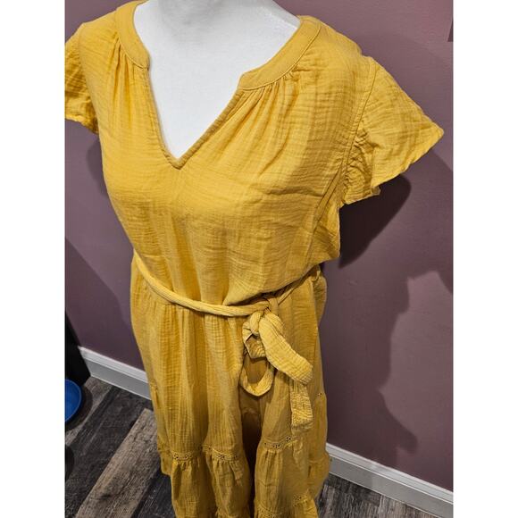 Magaschoni Women's Yellow Midi Flutter Sleeves  Pockets gauzy cotton large - Picture 2 of 8